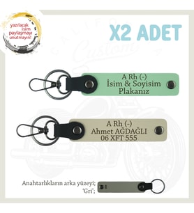 Çok Sevdiğine Özel İsim Plaka ve A Rh - Kan Grubu Yazılı Kişisel x2 Anahtarlık Set, Yeşil-S Kahve-Gr (Çok Renkli)
