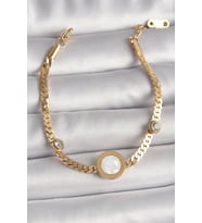 316L Çelik Gold Renk Yassı Zincir Model Zirkon Taş Detaylı Beyaz Mineli Madalyon Model Kadın Bileklik - TJ-BB6732
