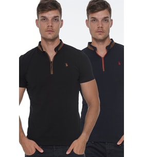 Dewberry Erkek Pamuklu Fermuarlı Tişört 2'li Set Lacivert-Siyah T8571 Günlük Giyim, Casual Stil, Şehir Stili