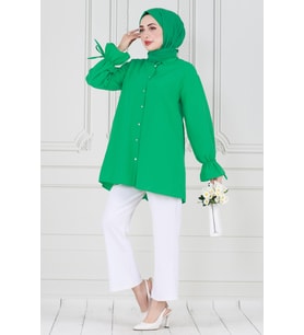 Arkası Pileli Kolu Büzgülü Tunik-Benetton Yeşili