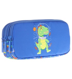 Kaukko Kids Mavi Yeşil, Dinazor, Erkek Çocuk Üç Bölmeli Okul Kalem Çantası - L8262 (Çok Renkli)