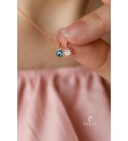 Beyaz Taşlı Güneş Model Nazar Boncuklu 925 Ayar Gümüş Kolye (Rose)