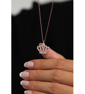 Zirkon Taşlı Rose Taç Model Gümüş Kolye