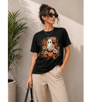 Balkabağı Hayalet Baskılı Tişört Kısa Kol Yazlık T-Shirt - Siyah