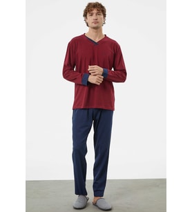 V Yaka Rahat Kalıp Pijama Takım - Bordo