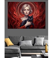Siyah Kedili Mistik Kadın Portresi Dekoratif Kanvas - Mdf Ahşap Tablo
