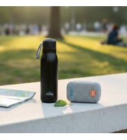 Any Morning 600 ml Çelik Termos, Siyah & Moodix 5W Taşınabilir Kablosuz Hoparlör Gri Seti