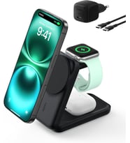 Belkin Ultracharge Pro Magsafe Uyumlu 3'ü 1 Arada Qi2 25W Kablosuz Şarj Cihazı, iPhone 17, Apple Watch, Airpods, Pixelsnap, Seyahat ve Masaüstü Standı, 45W Adaptör, Siyah Teşhir