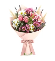 Tasarım Bukette Pembe Lilyumlar ve Papatyalar