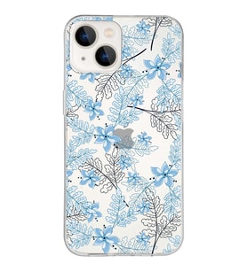 Apple iPhone 13 Uyumlu Kapak Floral Mavi  Tasarımlı Şeffaf Silikon Kılıf