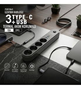 Termal Akım Korumalı 4 Prizli USB Girişli Uzatma Kablosu