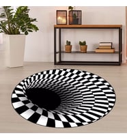 Geometrik 3 Boyutlu Desenli Dijital Baskı Yıkanabilir Kaymaz Taban Spor Yuvarlak Halı (Beyaz-Siyah)