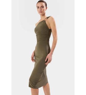 Aksesuar Detaylı Tek Omuzlu Bodycon Midi Elbise Örme Kumaş Şık Görünüm Rahat Kullanım (Haki)