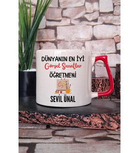 Dünyanın En İyi Görsel Sanatlar Öğretmeni Baskılı Kişiye Özel Öğretmenler Günü Kırmızı Kulplu Kupa