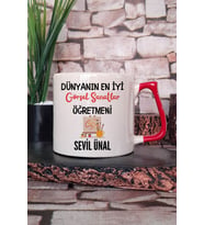 Dünyanın En İyi Görsel Sanatlar Öğretmeni Baskılı Kişiye Özel Öğretmenler Günü Kırmızı Kulplu Kupa