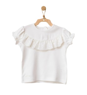 Andywawa Kız Bebek Önden Fırfırlı Detaylı Beyaz Tshirt AC21753 (Ekru)