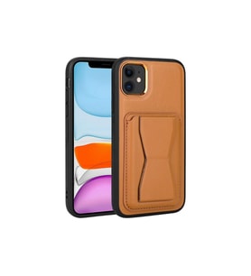 Apple iPhone 12 Uyumlu Kılıf Kartlıklı Standlı Pu Deri Zore Memo Kapak (Açık Kahve)