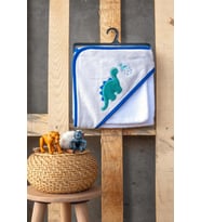 %100 Pamuk 75x75 Dinozor Nakışlı Başlıklı Kundak ve Kese Seti (Beyaz)