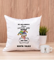 Kişiye Özel Biz Akıllanmayız Tasarım Esprili  Kare Yastık ve Fincan