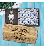 eJOYA Kişiye Özel Ahşap kutusunda Metal Saat & Fular Hediye Kutusu 114873 (Yeşil)