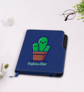 BK Gift Kişiye Özel Kaktüs Tasarımlı Lacivert Termo Deri Defter-3