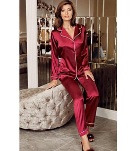 Perin1030 Bordo Saten Yakalı Pijama Takımı