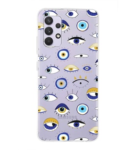 PrintiFy Samsung Galaxy A32 ile Uyumlu 1mm Slim Fit Nazar Boncuğu 2 Baskılı Şeffaf  Kılıf