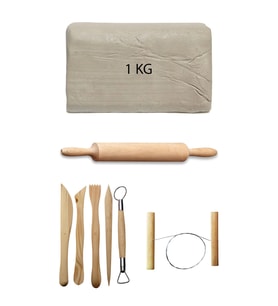 Beyaz Seramik Hamuru 1 kg Ebeşuar Seti Kil Seti Seramik Çamuru Seti Ahşap Merdane Çamur Kesme Teli