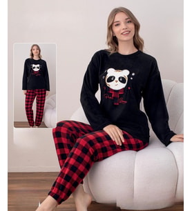 Boyraz Kadın Kışlık Bisiklet Yaka Soft Kadife Pijama Takımı 07016 - 1 Adet (Siyah)
