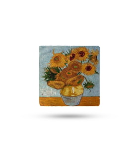 Doğaltaş Bardak Altlığı Vangogh Eseri Baskılı 10x10cm %100 Traverten Doğal Taş