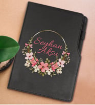 BK Gift Kişiye Özel Çiçek Tasarımlı Siyah Termo Deri Not Defteri 15x21cm-23