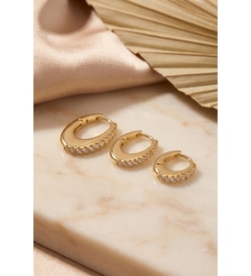 Gold Renk Oval Halka Model Zirkon Taşlı 3 lü Küpe Set