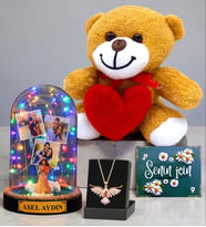 Size Özel Renkli Işıklı Fanus & Anka Kuşu Kolye & Kalpli Peluş Ayıcık Seti (Model 10)