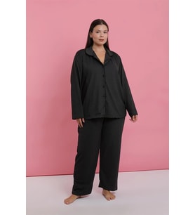 Kadın Büyük Beden Füme Düğmeli Pijama Takımı