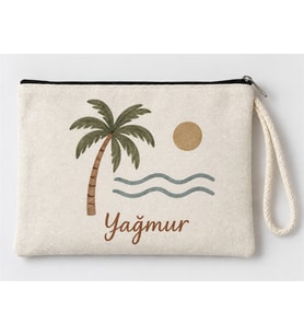 Kişiye Özel Palmiye ve Deniz Baskılı Fermuarlı Makyaj Çantası Bozuk Para Cüzdanı Clutch