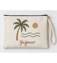 Kişiye Özel Palmiye ve Deniz Baskılı Fermuarlı Makyaj Çantası Bozuk Para Cüzdanı Clutch