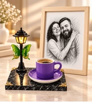 Kişiye Özel Karakalem Fotoğraflı Sokak Lambalı Seramik Mor Kahve Fincanı Büyük Ahşap Çerçeveli