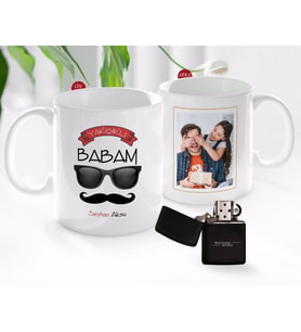 BK Gift Kişiye Özel Babalar Günü Hediyesi Fotoğraflı Kupa Bardak ve Benzinli Çakmak Seti-82 (Model 1)