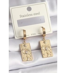 316L Çelik Gold Renk Zirkon Taşlı Göz İşleme Detay Plaka Model Kadın Küpe 58 - HEP-7195-813