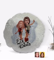 BK Gift Kişiye Özel Kız Kardeşler Karikatürlü Yuvarlak Dekoratif Kırlent Yastık-5