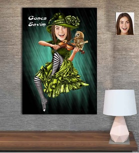 Kişiye Özel Karikatür Baskılı Ahşap Tablo Keman Çalan Kadın-1 30x40