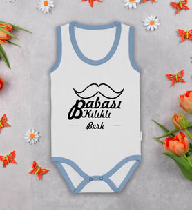 BK Kids Kişiye Özel İsimli Mavi Biyeli Askılı Sıfır Kol Bebek Body Zıbın-4, Yeni Doğan Bebek Hediyesi