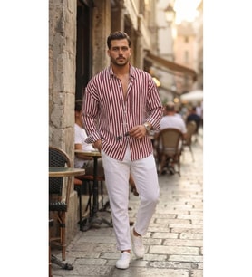 Erkek Dikey Çizgili Yarım Oversize Gömlek