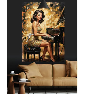 Piyano Çalan Vintage Giyimli Pin Up  Kadın Dekoratif Kanvas - Mdf Ahşap Tablo