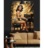 Piyano Çalan Vintage Giyimli Pin Up  Kadın Dekoratif Kanvas - Mdf Ahşap Tablo