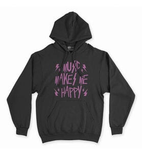 Pembe Music Makes Me Happy Siyah Kapşonlu Sweatshirt Hoddie