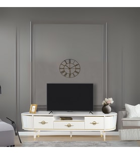 Duru Tv Sehpası Beyaz Gold 2 Kapaklı 1 Çekmeceli Oval Detaylı Sehpa 180x40x53 Cm