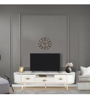 Duru Tv Sehpası Beyaz Gold 2 Kapaklı 1 Çekmeceli Oval Detaylı Sehpa 180x40x53 Cm