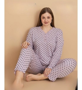 Pijamerry Kadın Büyük Beden Dantel Yaka Bambu Uzun Kol İnce Pijama Takımı 5675 - 1 Adet (Lila)