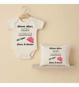 Pia Baby B25 %100 Pamuk Babam Süper Ama Amcam Bir Tane Yazılı İsme Özel Bebek Body Ve Yastık Kılıfı (Ekru)